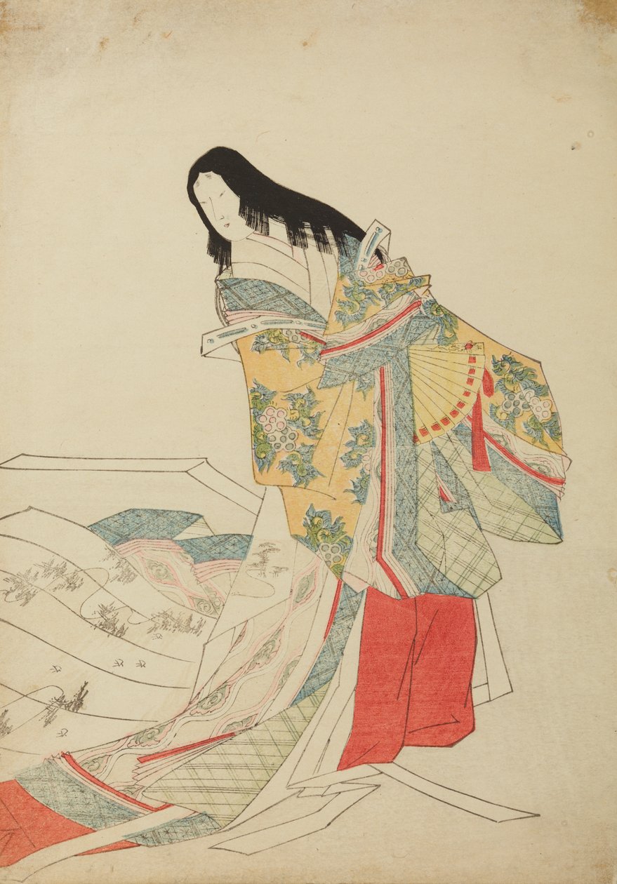 Seisova hovinainen viuhkan kanssa, laatta albumista "Nishiki-zuri onna sanju e-zukushi" tekijältä Chobunsai Eishi