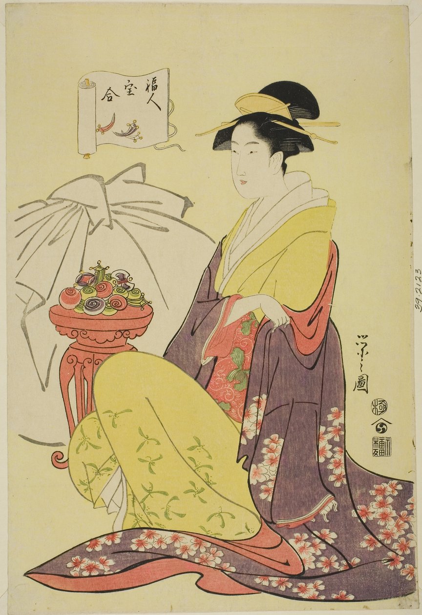 Hotei, sarjasta "Onnenjumalien aarteiden vertailu (Fukujin takara awase)", noin 1795 (värillinen puupiirros; oban). tekijältä Chobunsai Eishi