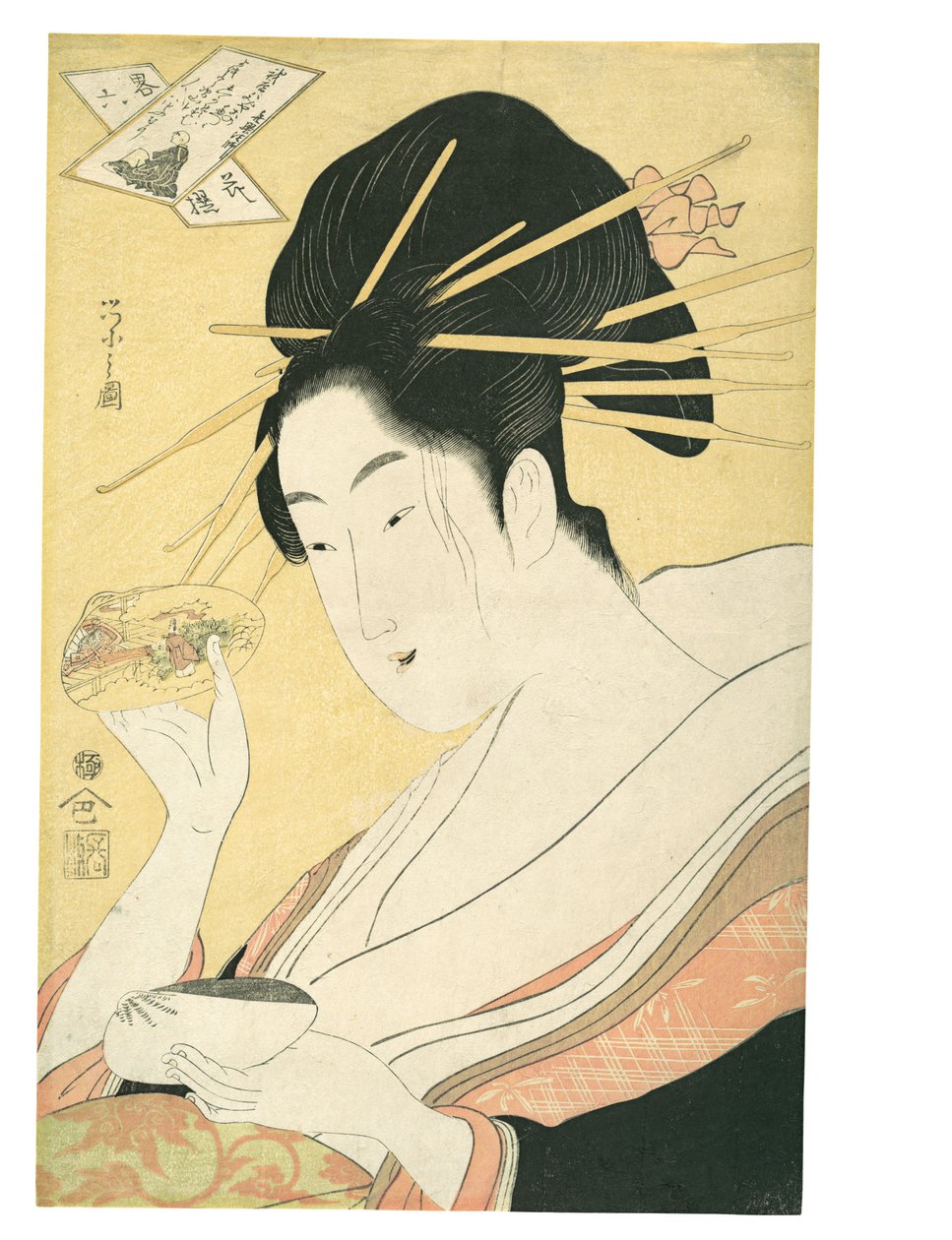 Simpukankuorten yhdistäminen (Kai-awase), ”Kisen Hōshi”, sarjasta Kuuden kuolemattoman runoilijan modernit parodiat (Yatsushi rokkasen: Kisen Hōshi) tekijältä Chobunsai Eishi