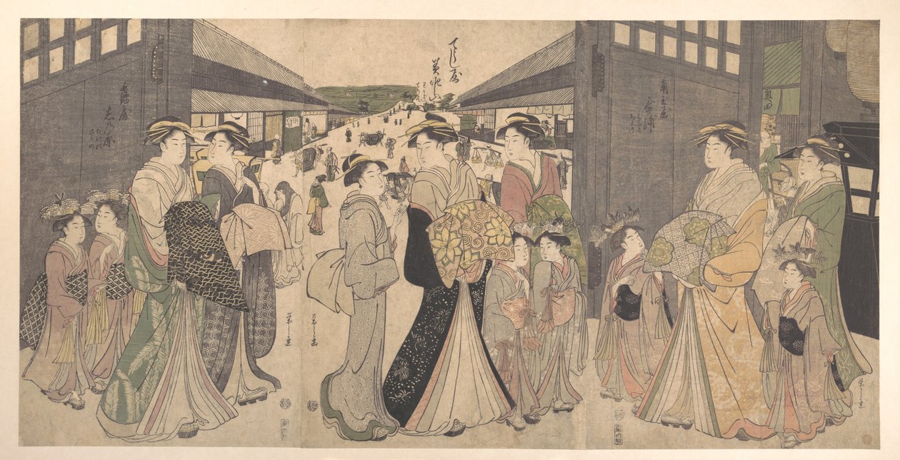 Oiran ja seurueensa Yoshiwaran Ō Mon -portilla eli Suurportilla tekijältä Chobunsai Eishi