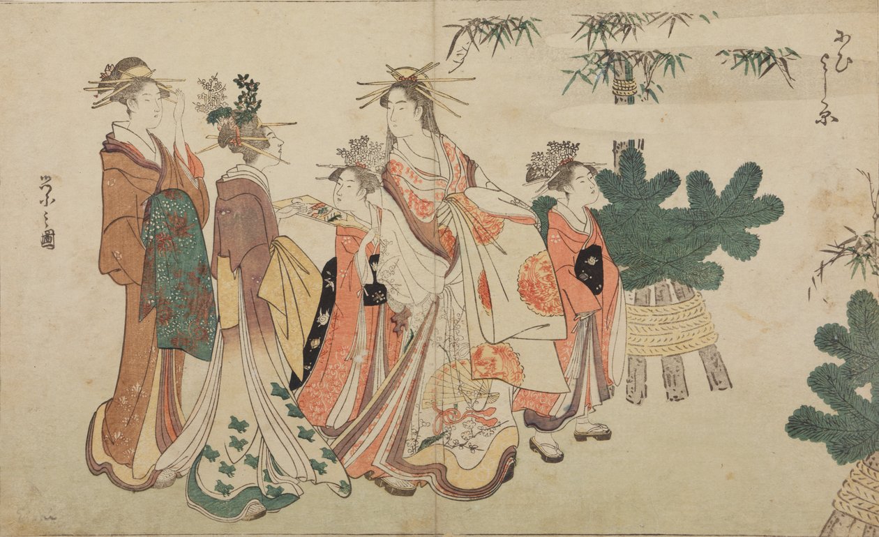 Oiran uudenvuoden kävelyllä kahden shinzon ja kahden kamuron seurassa tekijältä Chobunsai Eishi