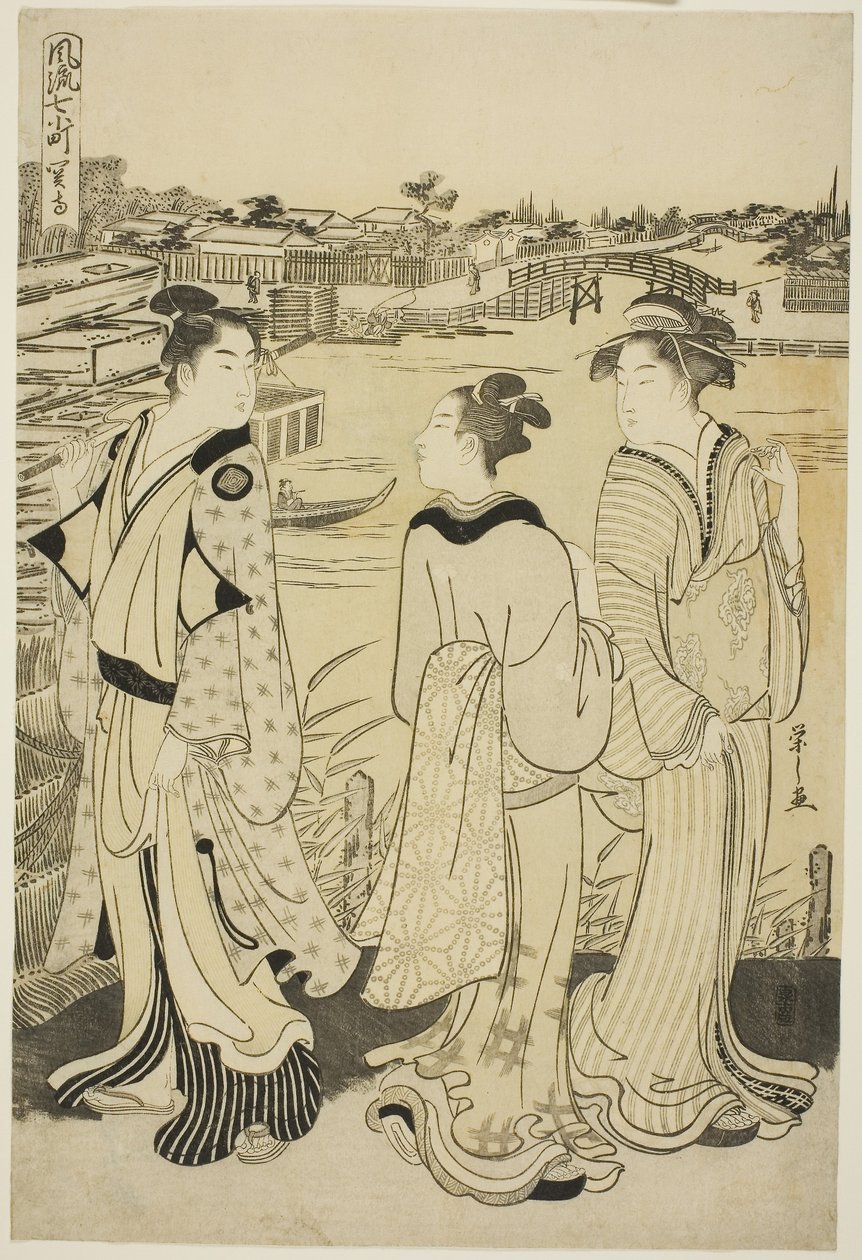 Ono no Komachi at Seki Temple, from the series The Fashionable Seven Komachi (Furyu nana Komachi), c.1788 (colour woodblock print; oban) tekijältä Chobunsai Eishi