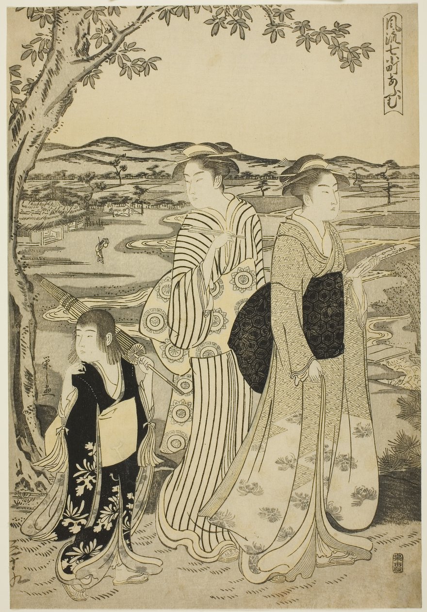 Papukaija Komachi, sarjasta The Fashionable Seven Komachi (Furyu nana Komachi), noin 1788 (värillinen puupiirros; oban). tekijältä Chobunsai Eishi