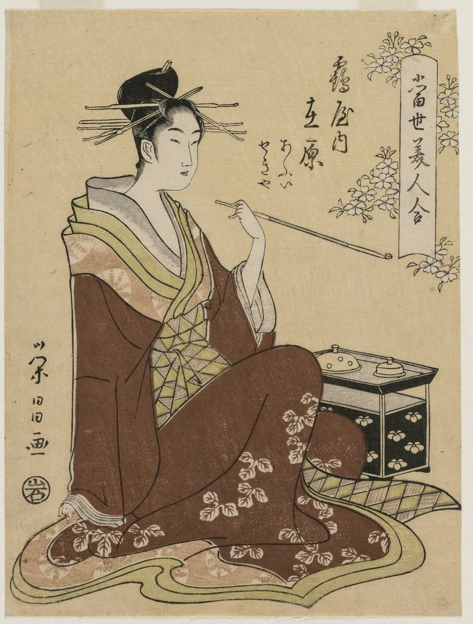 Tsuruyan kurtisaani Ariwara, joka istuu tupakoivan rinnan vieressä (sarjasta A Collection of Modern Beauties) tekijältä Chobunsai Eishi