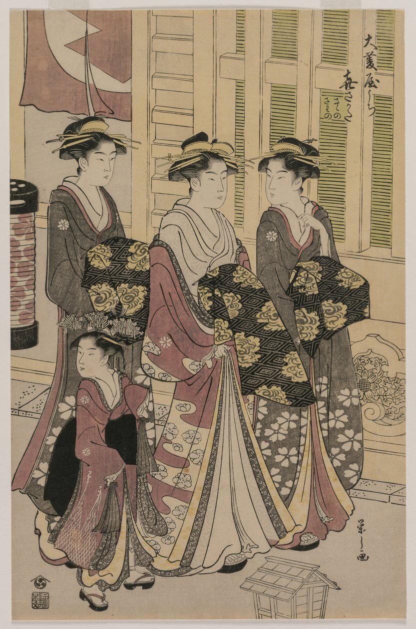 Ohishiyan kurtisaani Kisagata kävelyllä yöllä kahden Shinzon ja kamuron kanssa, n. 1790. tekijältä Chobunsai Eishi