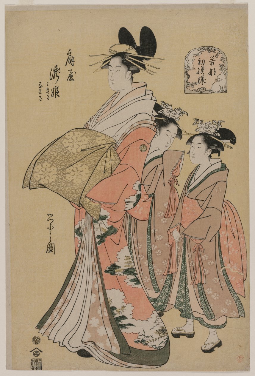 Kurtisaani Takihime ja Attendants (sarjasta New Patterns of Young Greens) tekijältä Chobunsai Eishi