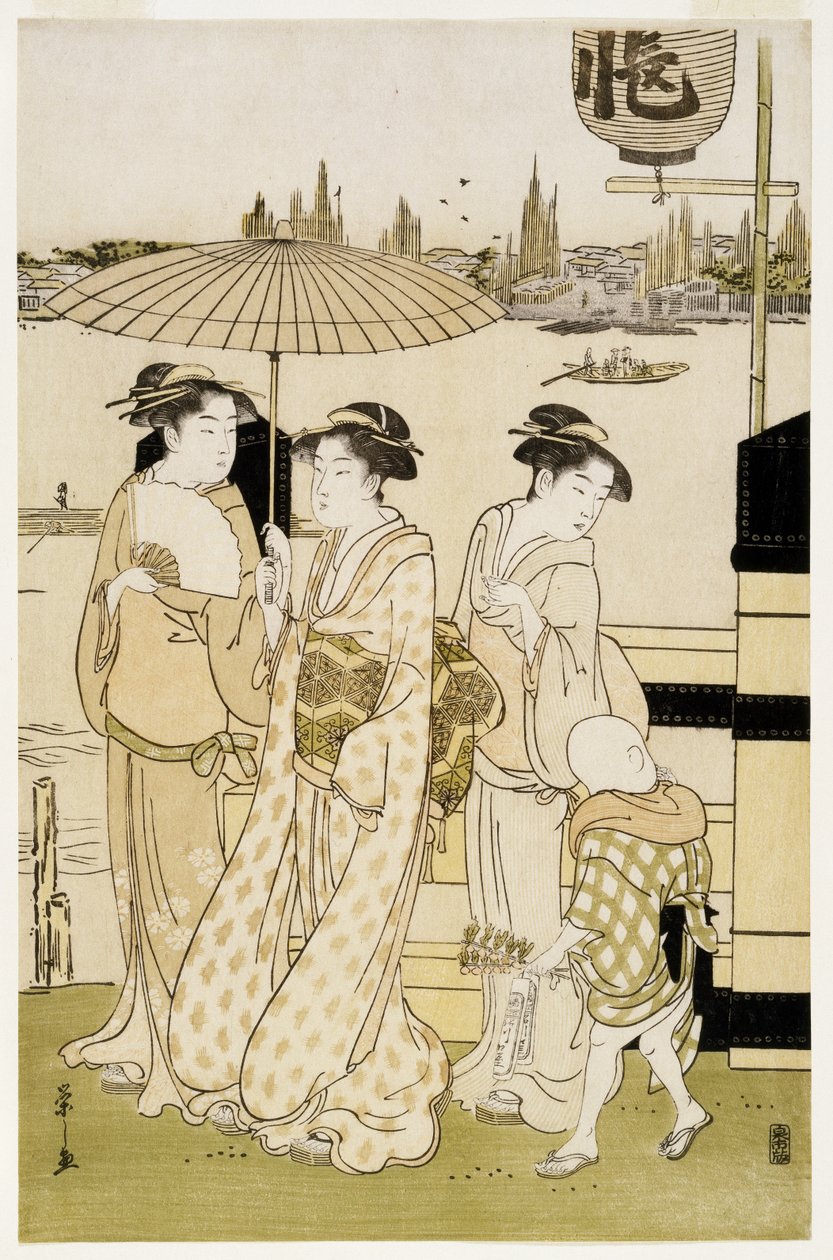 Kolme naista ja poika Sumida-joen varrella, 1788-89 (puukiviprintti) tekijältä Chobunsai Eishi