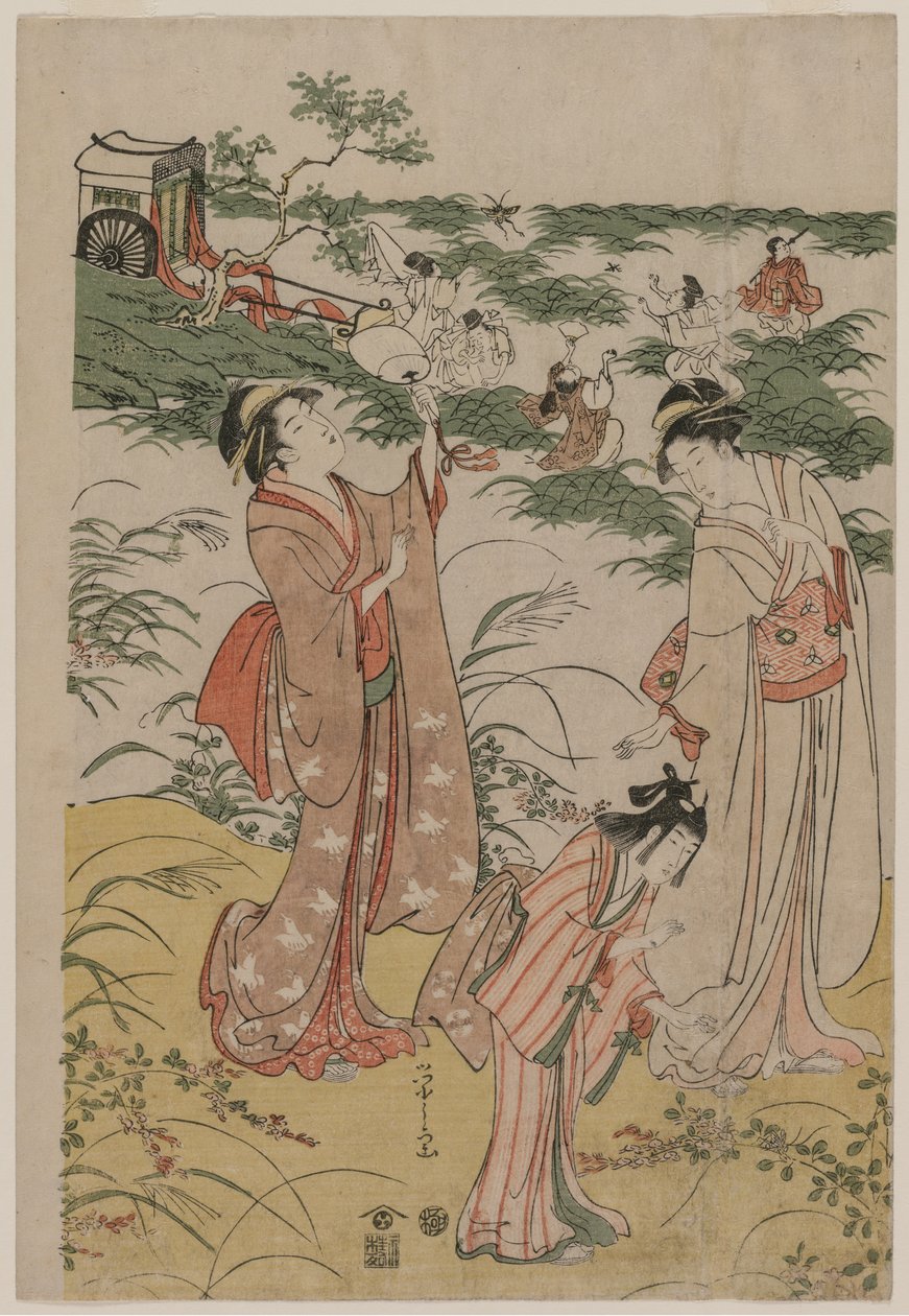 Naiset jahtaamassa sirkat syysnummella, 1790-luvun alussa. tekijältä Chobunsai Eishi