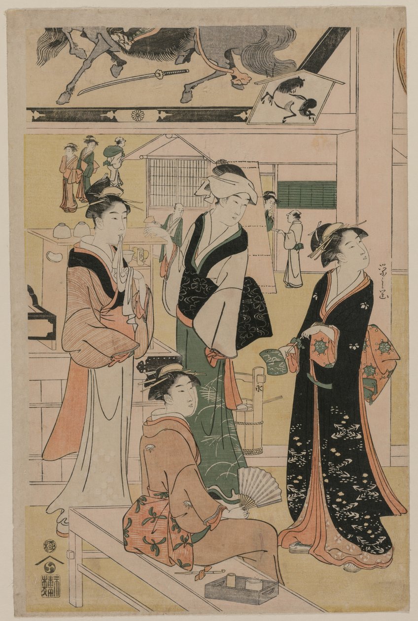 Naiset vierailemassa teekojussa temppelin alueella, 1790-luvun alku. tekijältä Chobunsai Eishi