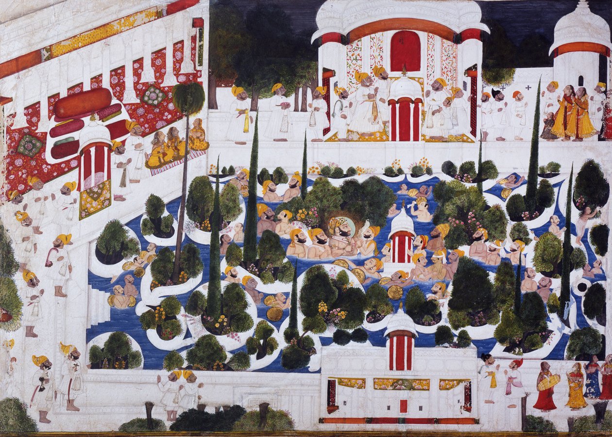 Maharana Bhim Singh leikkii aatelisten kanssa palatsin uima-altaassa, 1803 tekijältä Chokha