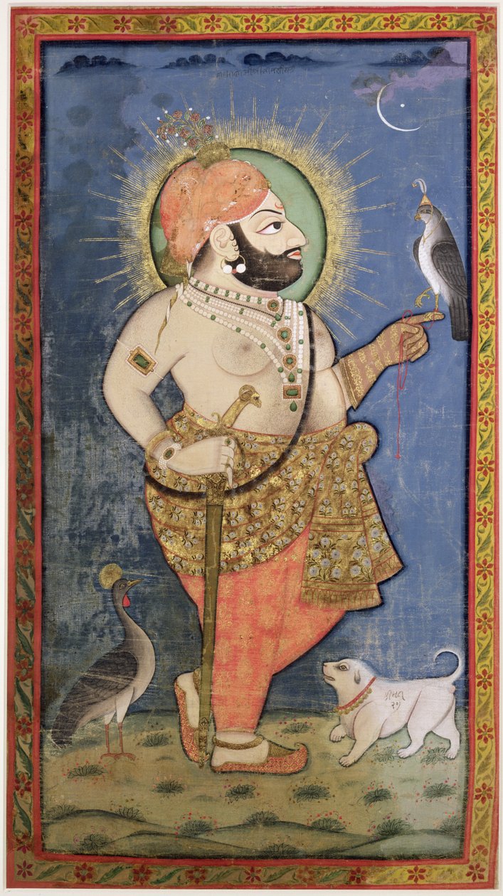 Maharana Bhim Singh of Mewar with a Hawk, Udaipur (Mewar) Rajasthan, n. 1805 (guassi kullalla kankaalla) tekijältä Chokha
