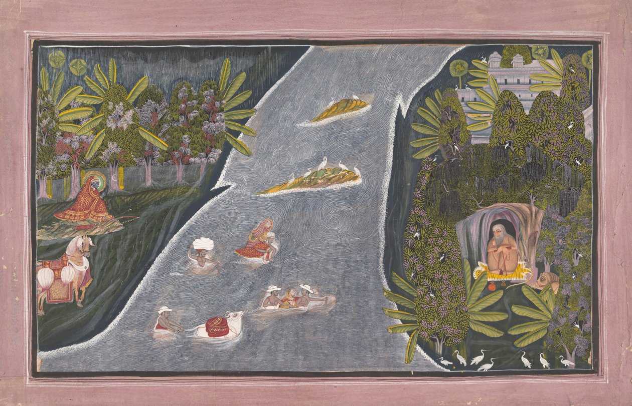 Radha ylittää joen haastatellakseen hindu viisasta, n. 1820. tekijältä Chokha