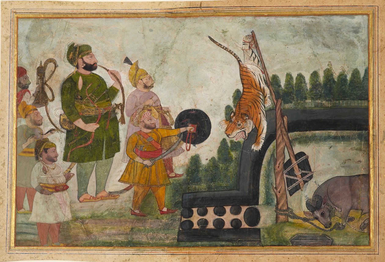 Rawat Gokul Das tarkastaa loukkuun jääneen tiikerin, 1810-1815 tekijältä Chokha