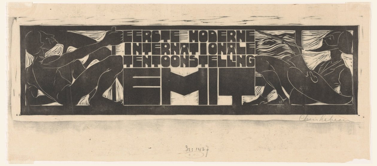 Scheveningenin ensimmäisen modernin kansainvälisen näyttelyn (EMIT) ilmoitus tai otsikon päällikkö Ensimmäinen moderni kansainvälinen näyttely EMIT (nimi esineellä) tekijältä Chris Lebeau (signed by artist)