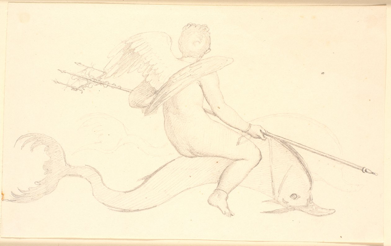 Cupid ratsastaa delfiinillä. Pompeian motiivi tekijältä Christen Købke