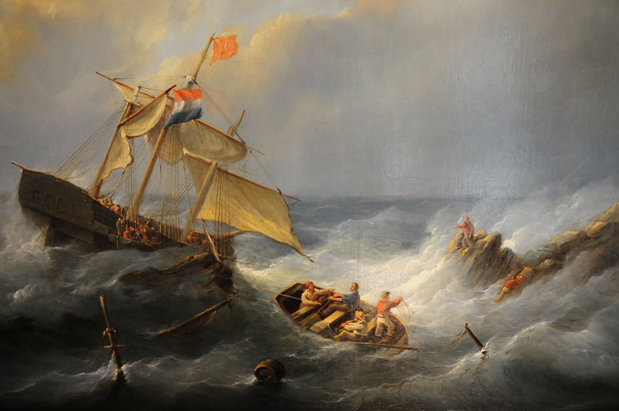 laiva vaikeuksissa kallioisella rannikolla tekijältä Christiaan Cornelis Kannemans
