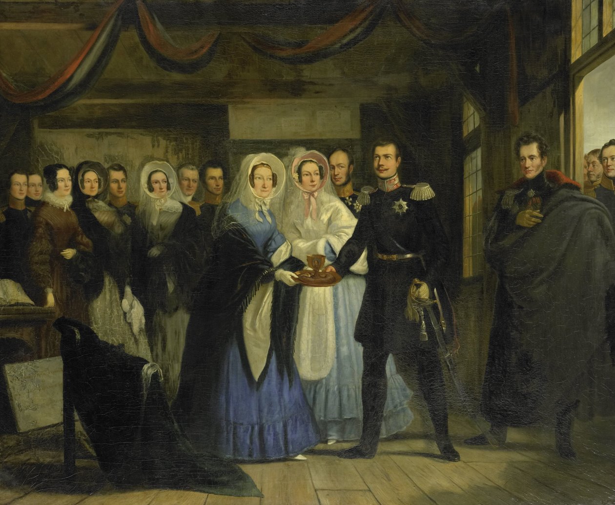Oranssin prinsessa vastaanottaa Aleksanteri II:n (1818-1881), Venäjän suurherttua ja valtaistuimen perillisen, tsaari Pietarin talossa Zaandamissa 17. huhtikuuta 1839 tekijältä Christiaan Julius Lodewijk Portman