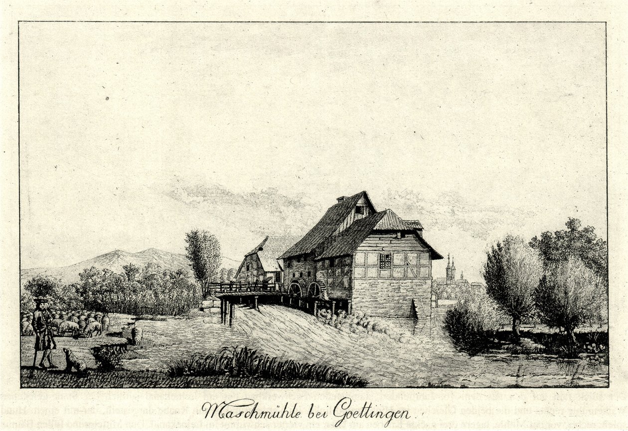 Ehemalige Maschmühle an der Leine nördlich von Göttingen, im Hintergrund links der Hainberg, rechts die Stadt tekijältä Christian Andreas Besemann