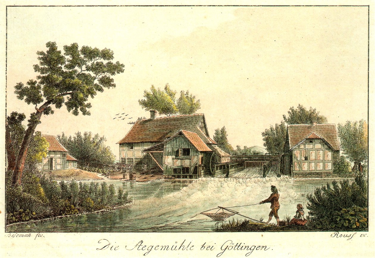 Ehemalige Stegemühle an der Stelle des heutigen gleichnamigen Wasserwerks an der Leine südlich von Göttingen tekijältä Christian Andreas Besemann
