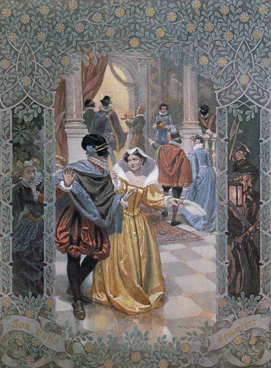 Kuvitus kohtaukselle "Paljon melua tyhjästä", n. 1900 tekijältä Christian August Printz