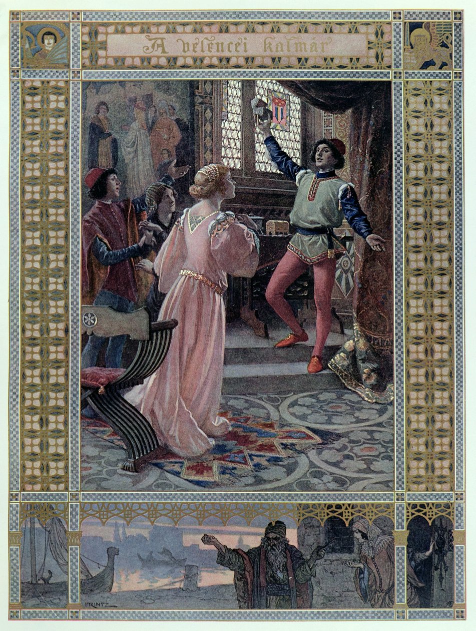 Kuvitus William Shakespearen (1565-1616) teoksesta "Venetsialainen kauppias" n. 1900 tekijältä Christian August Printz
