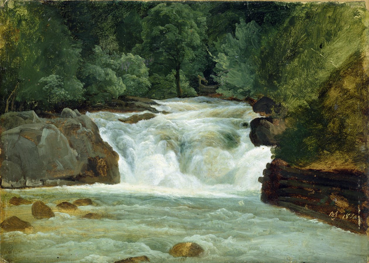 Vesiputous Ylä-Baijerissa, 1830 (öljy paperille aluksella) tekijältä Christian Ernst Bernhard Morgenstern