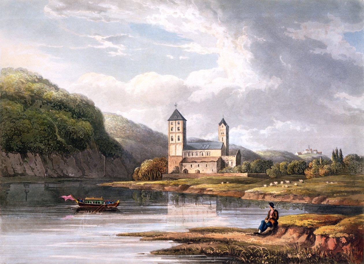 Johannes-kirkko Lahnin tulvassa, T. Sutherlandin kaiverrus, teoksesta "Maaluksellinen kiertue Reiniä pitkin Mentzistä Kölniin", julkaisija R. Ackermann, Lontoo, 1819 tekijältä Christian Georg II Schutz or Schuz