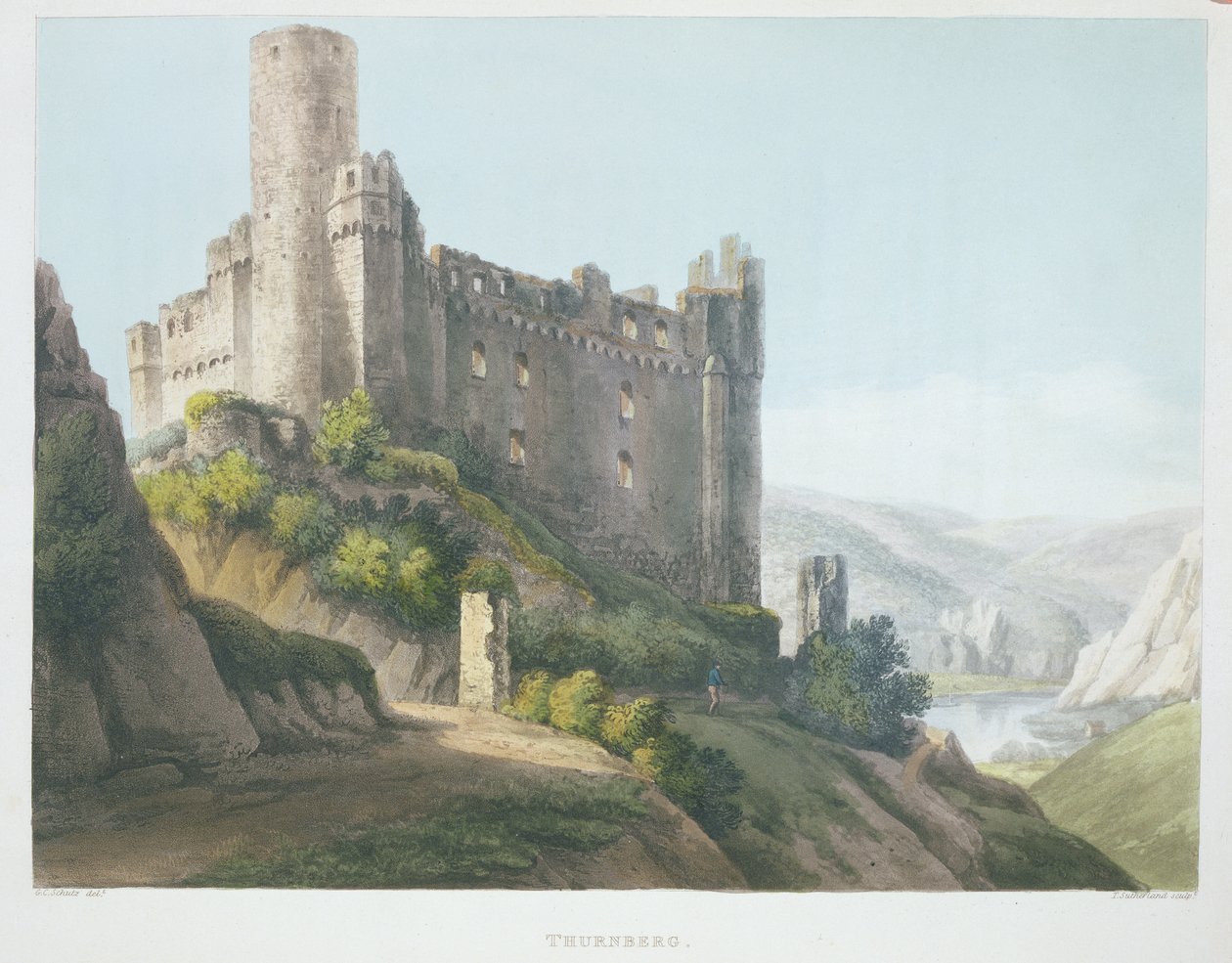 Thurnberg, kaiverrettu T. Sutherland, teoksesta "Maaluksellinen kiertue Reiniä pitkin Mentzistä Kölniin", julkaisija R. Ackermann, Lontoo, 1820 tekijältä Christian Georg II Schutz or Schuz
