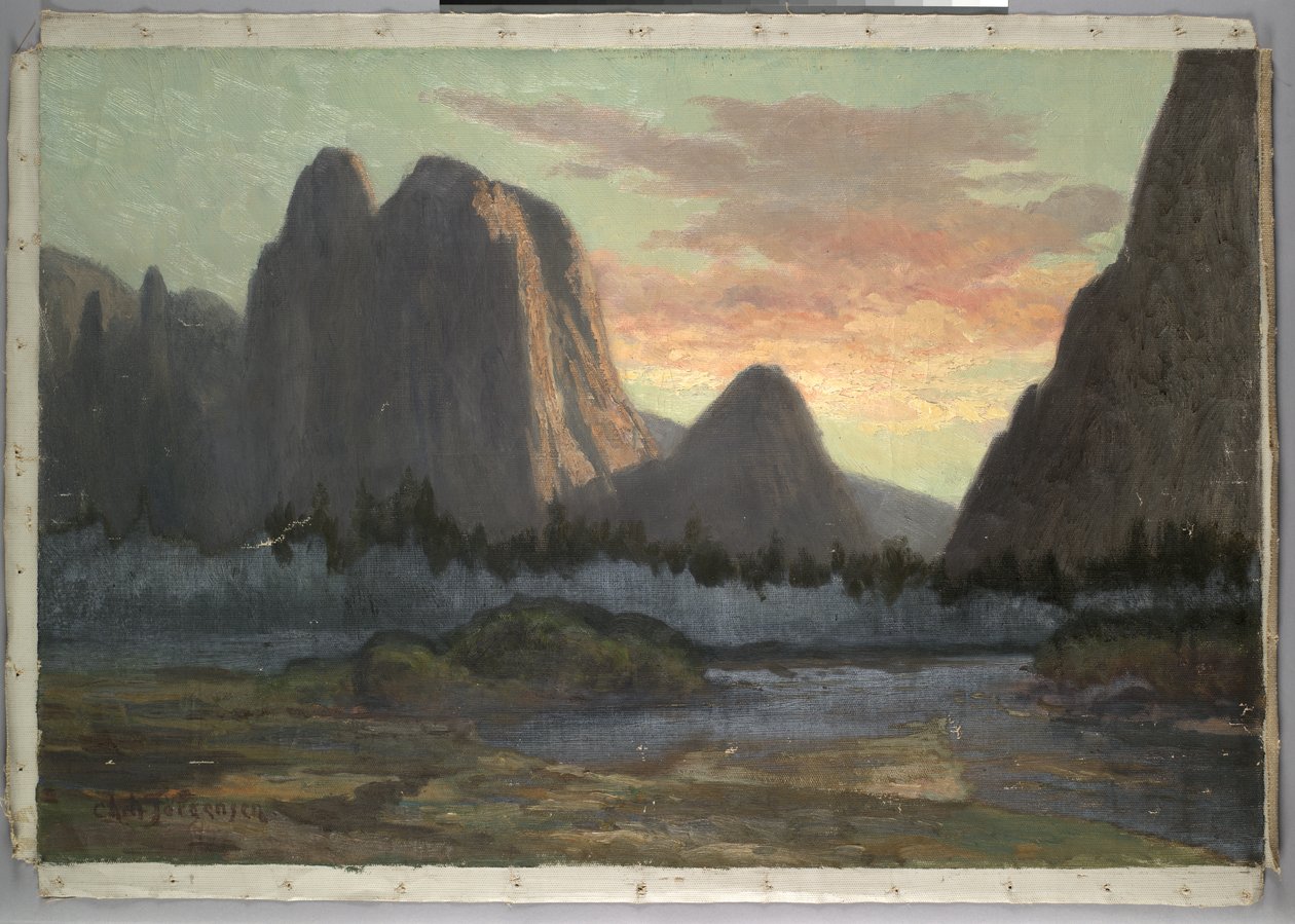 Yosemiten näkymä, auringonlasku, noin 1899 tekijältä Christian Jorgensen