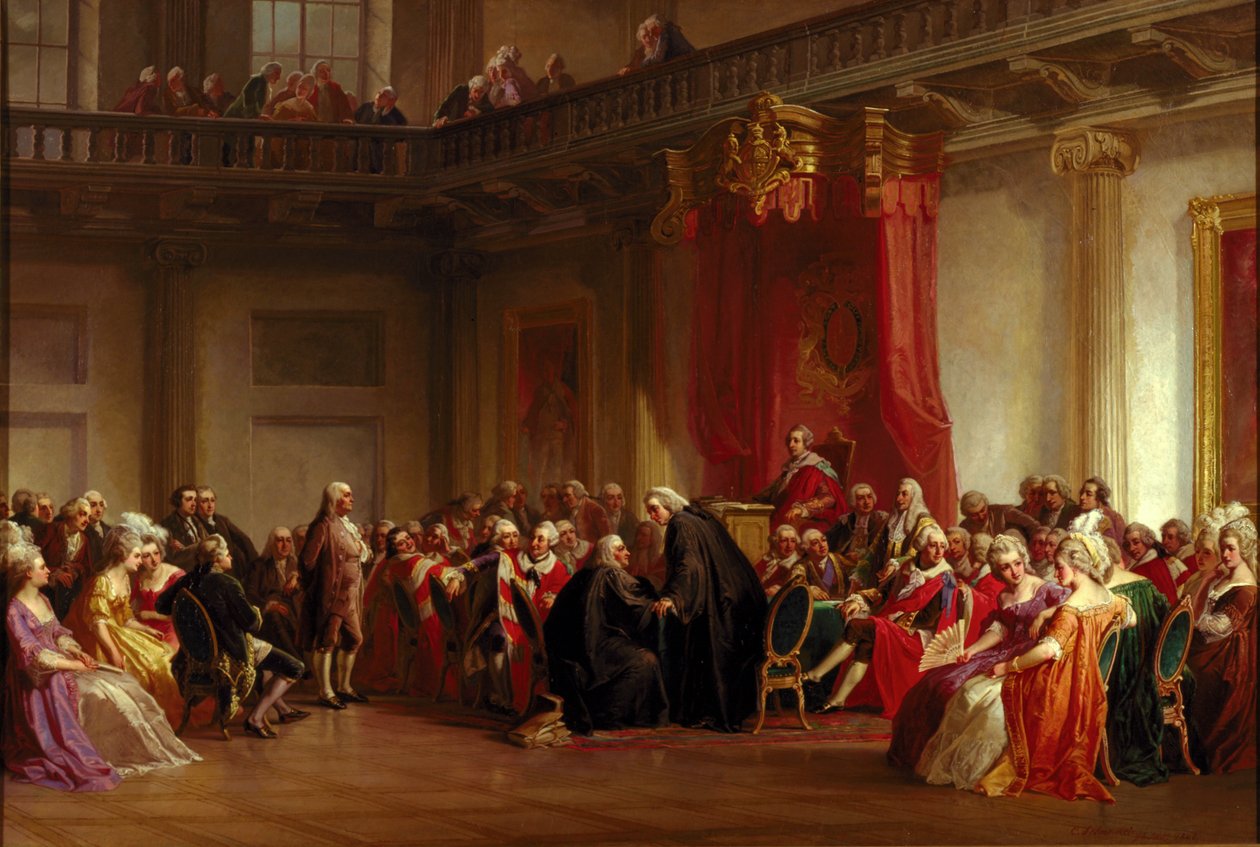 Benjamin Franklin esiintyy Privy Councilin edessä tekijältä Christian Schussele