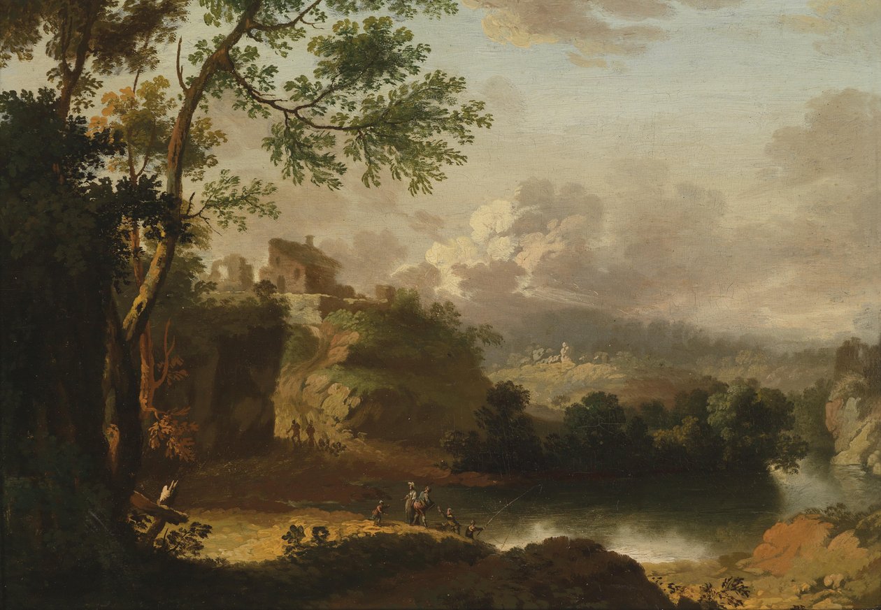 Gebirgslandschaft mit einem Flusslauf und Figuren tekijältä Christian Wilhelm Ernst Dietrich