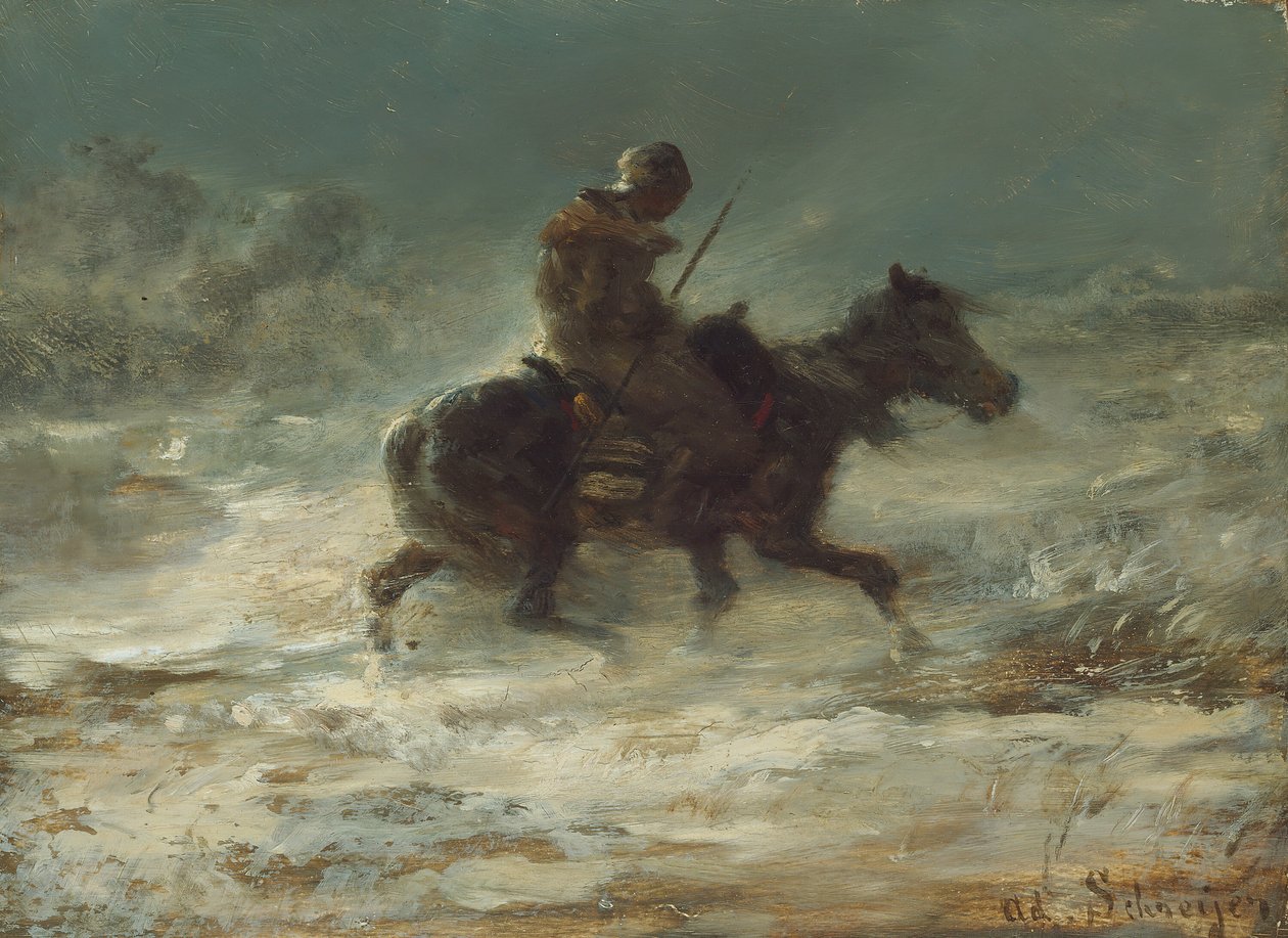 Mies Lancen kanssa ratsastamassa lumen läpi, c. 1880. tekijältä Christian Adolf Schreyer