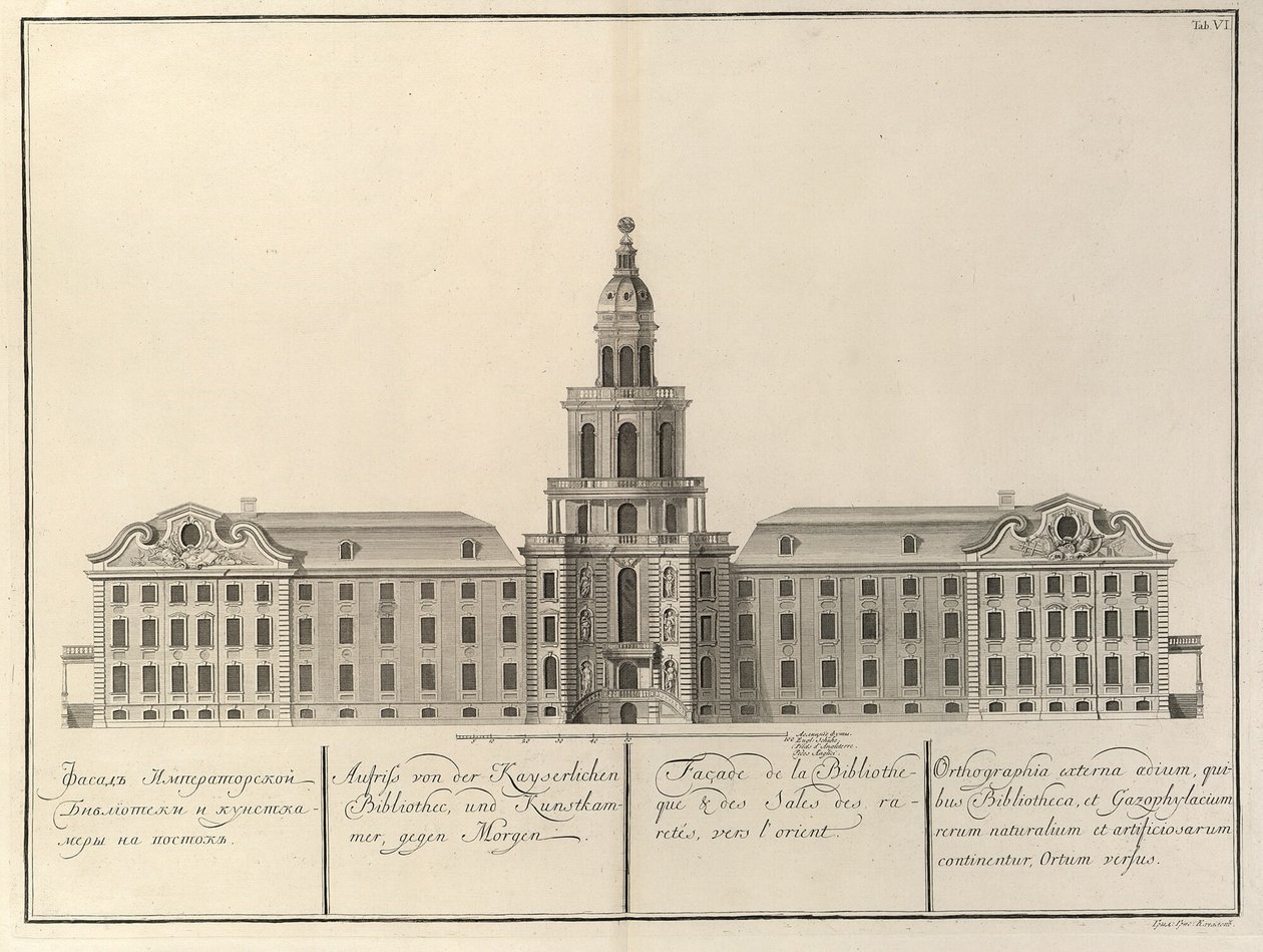 Keisarillinen kirjasto ja Kunstkammer Alkaen: Keisarillisen tiedeakatemian rakennus, 1741 tekijältä Christian Albrecht Wortmann