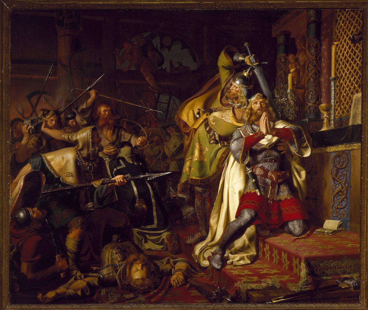 Mort de Knut (Canut, Knud) IV Tanskan Pyhä (1040-1086) - Tanskan Canute IV:n kuolema Saint Albanuksen kirkossa (Pyhän Canuten murha), kirjoittanut Christian Albrecht von Benzon (1816-1849) tekijältä Christian Albrecht von Benzon
