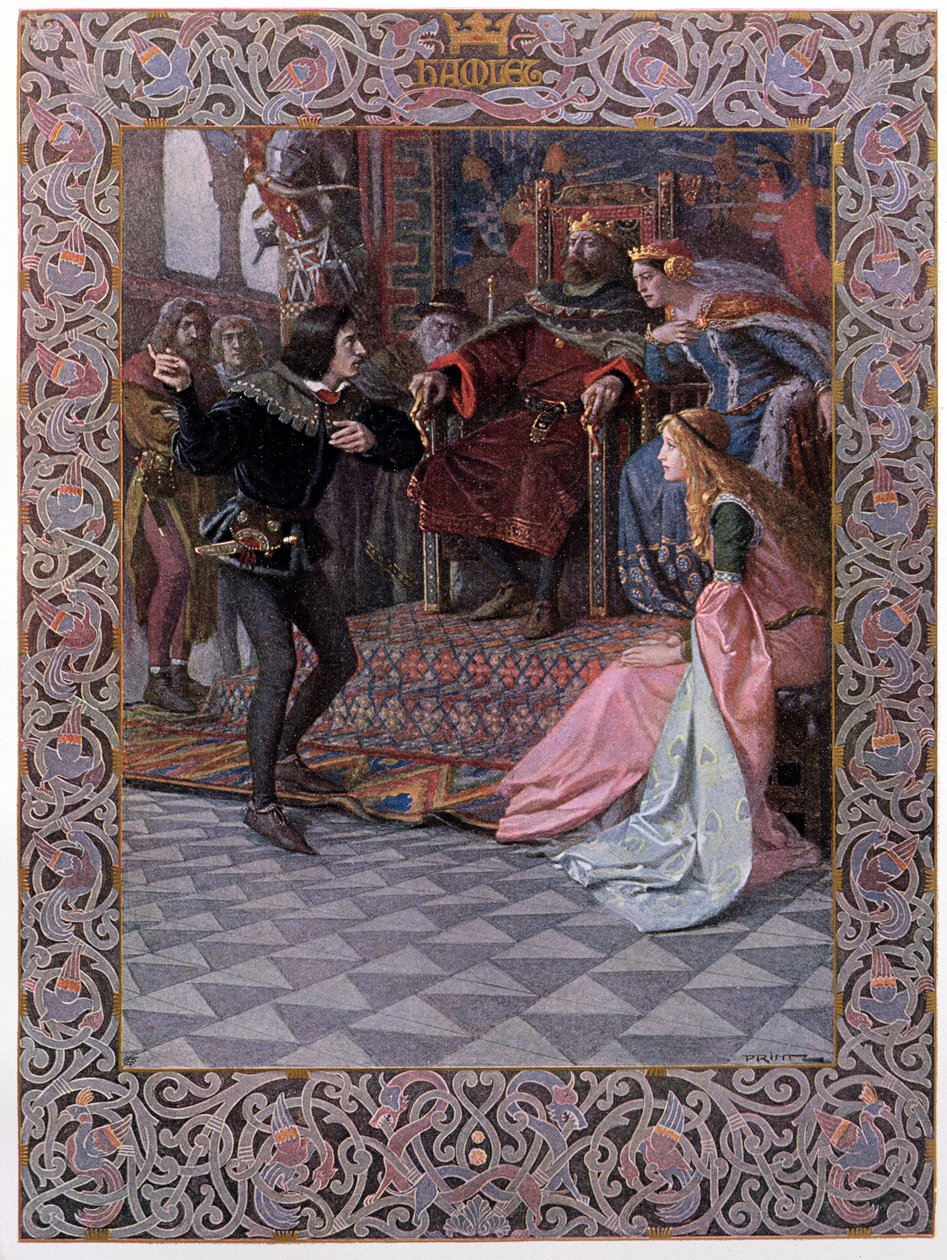 Hamlet ennen kuningas Claudiusta, kuningatar Gertrudea ja Opheliaa, kohtaus William Shakespearen (1564-1616) Hamletista n. 1900 tekijältä Christian August Printz