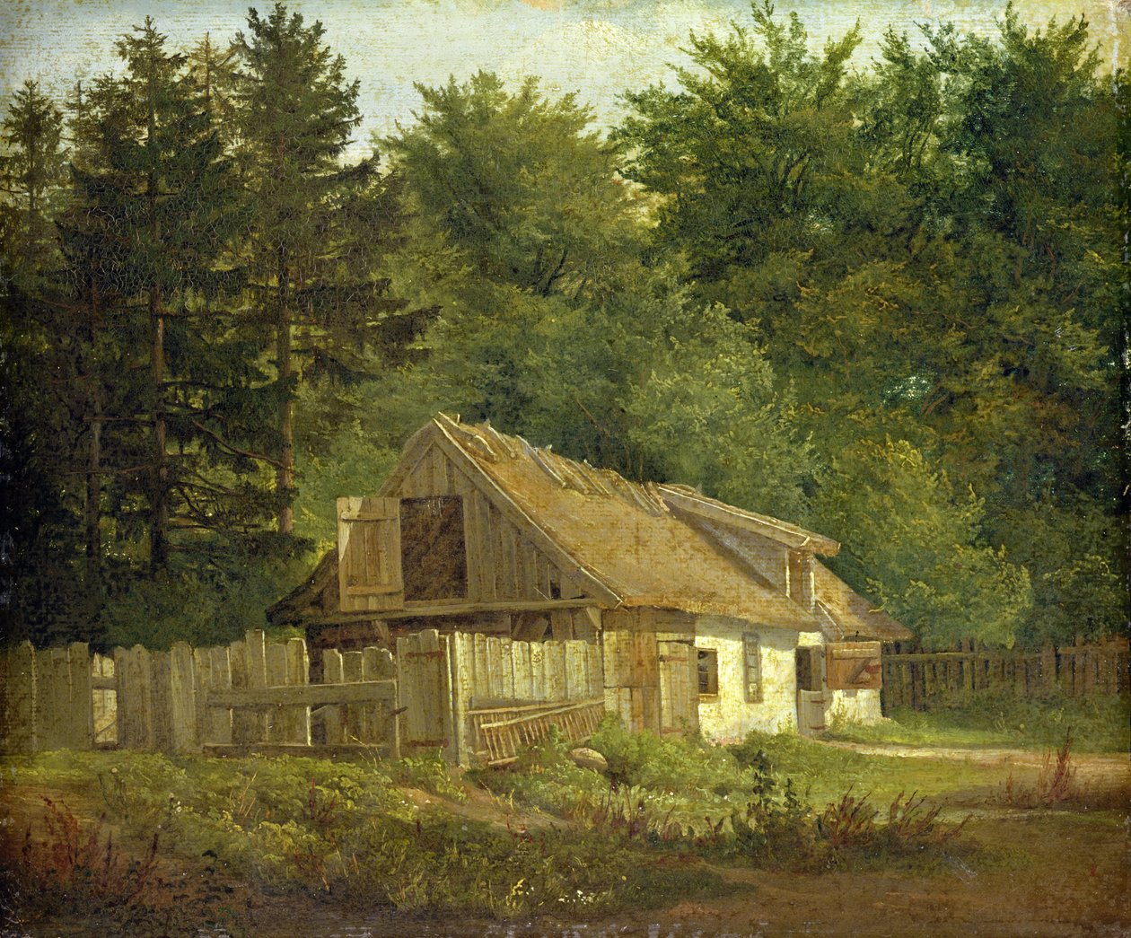 Talo Frederiksdalin metsässä lähellä Kööpenhaminaa, 1828 (öljy paperille kiinnitetty korttiin) tekijältä Christian Ernst Bernhard Morgenstern
