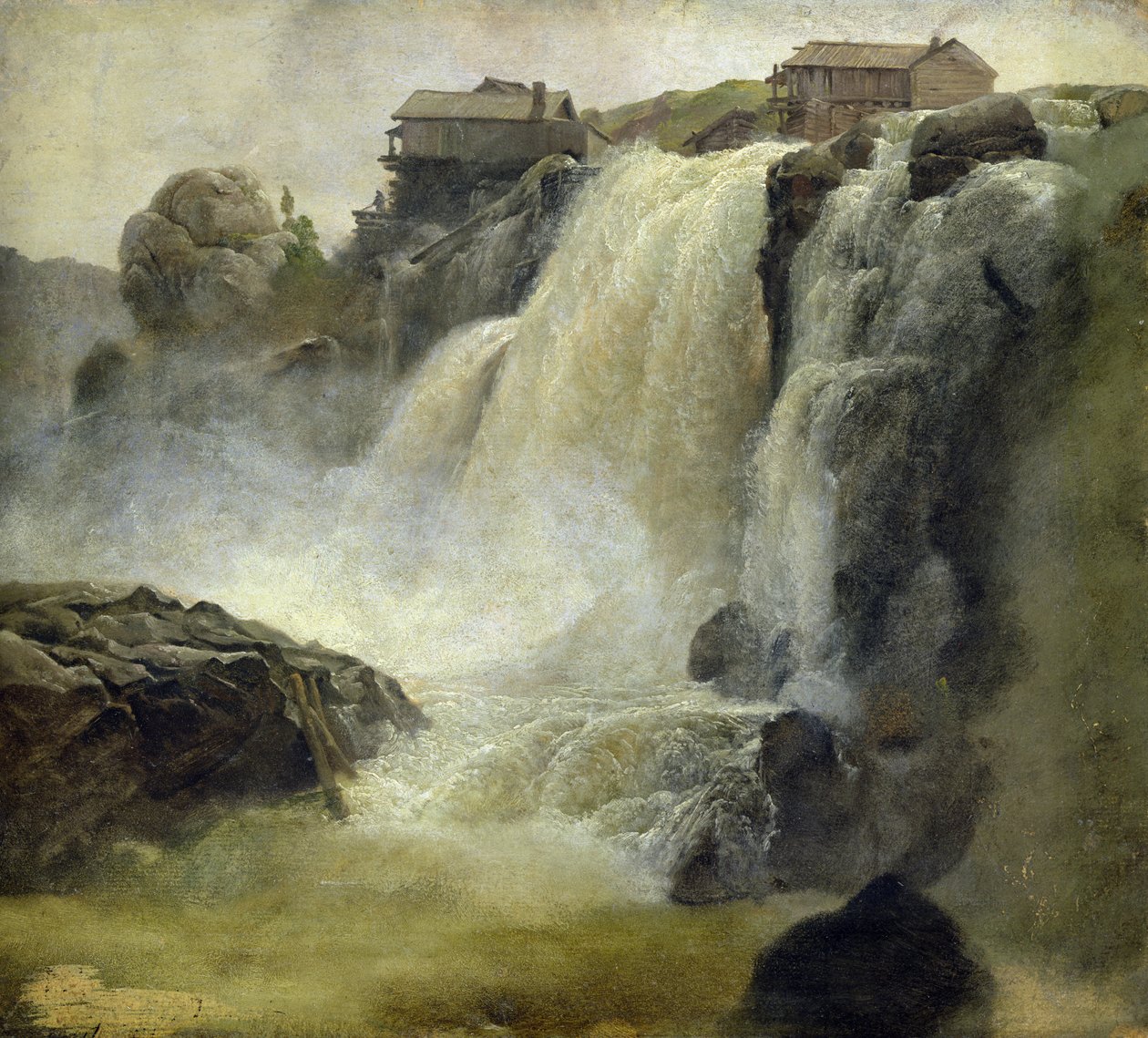 Haugfoss Norjassa, 1827 (öljy paperille aluksella) tekijältä Christian Ernst Bernhard Morgenstern