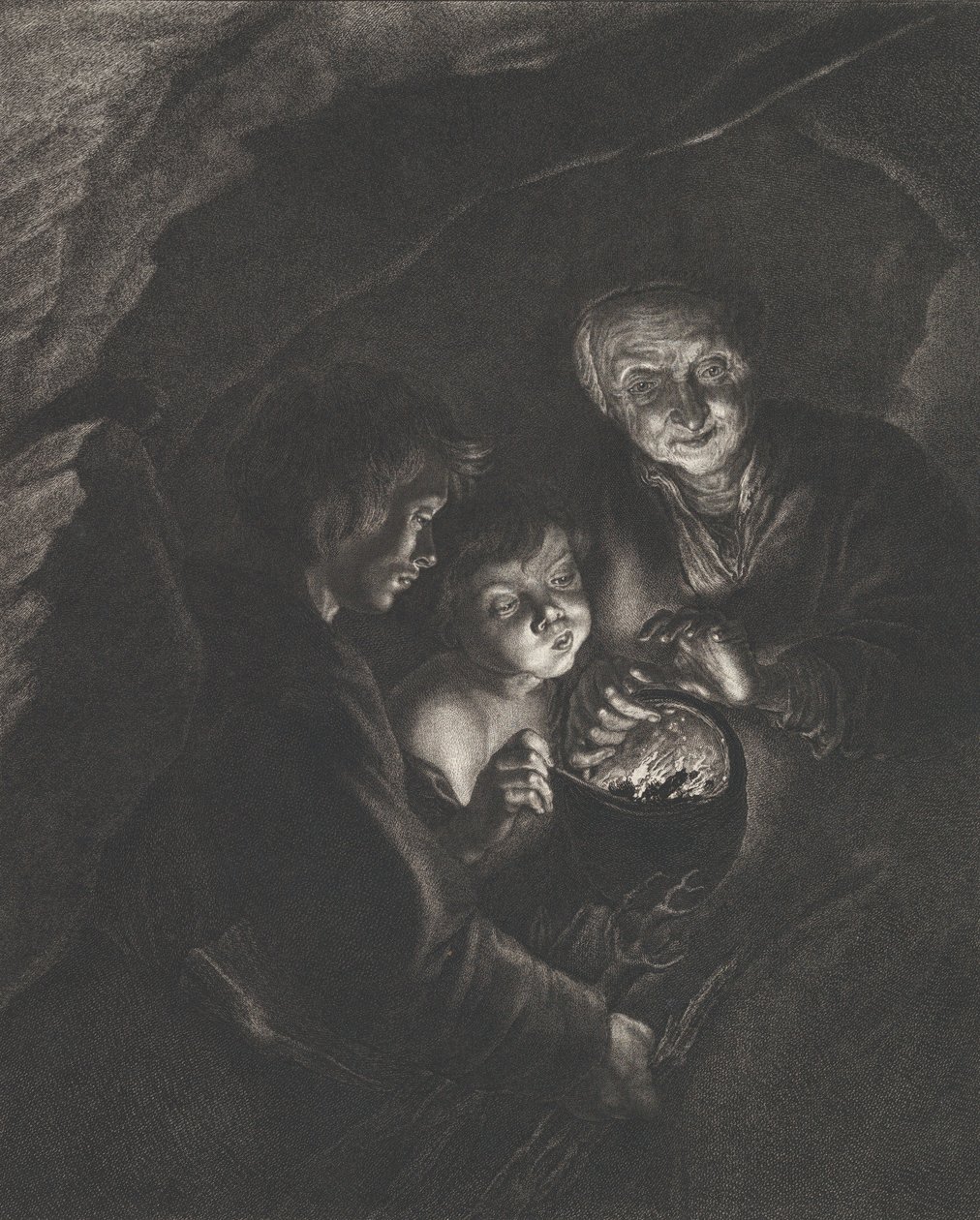 Yökuva luolassa, jossa vanha nainen pitelee palavia hiiltä kattilassa, poika blowi..., n. 1750-57 tekijältä Christian Friedrich Boëtius