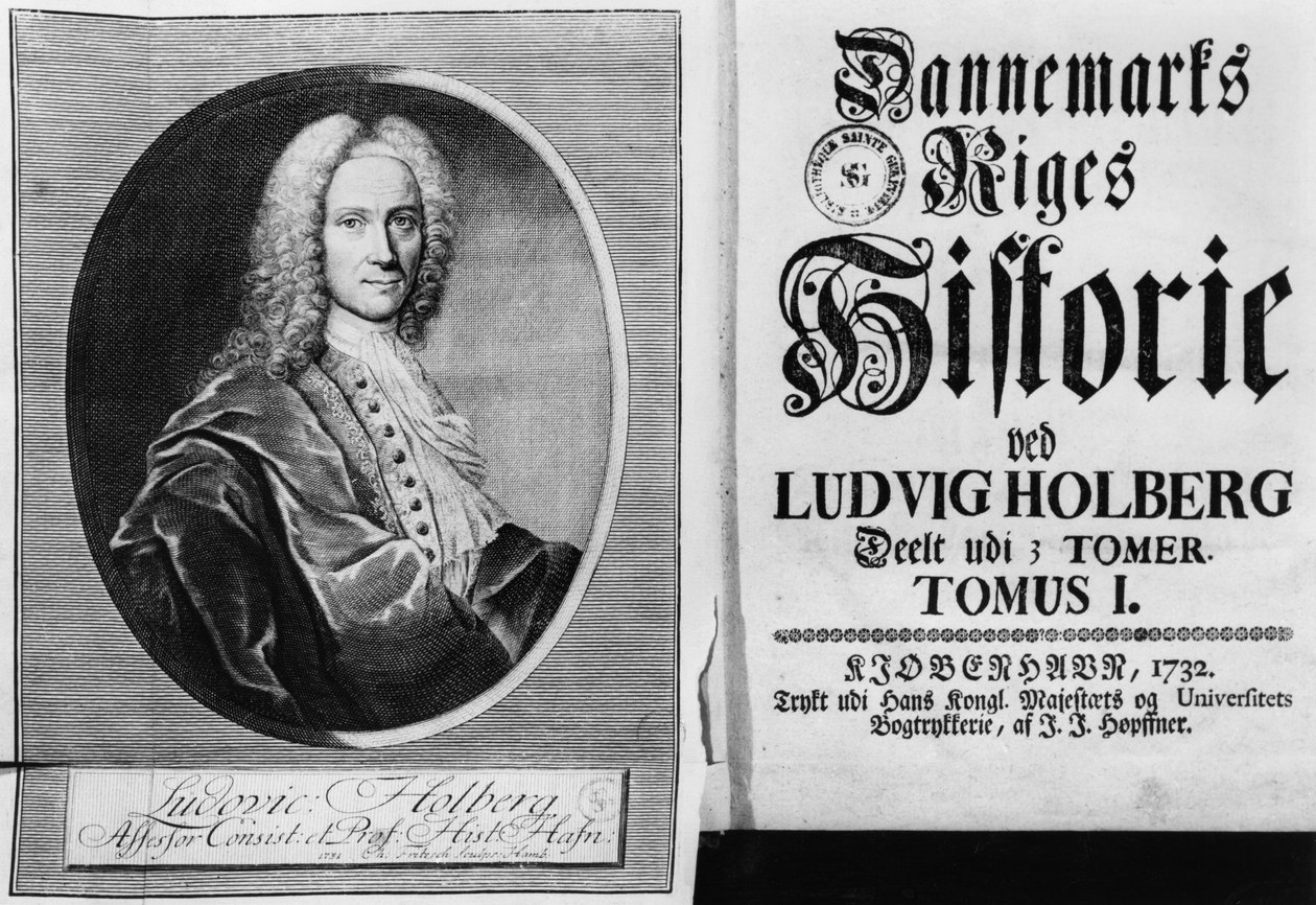 Paroni Ludvig Holberg (1684-1754) ja Kööpenhaminassa vuonna 1732 julkaistun Tanskan historian I osan otsikkosivu tekijältä Christian Friedrich Fritzsch
