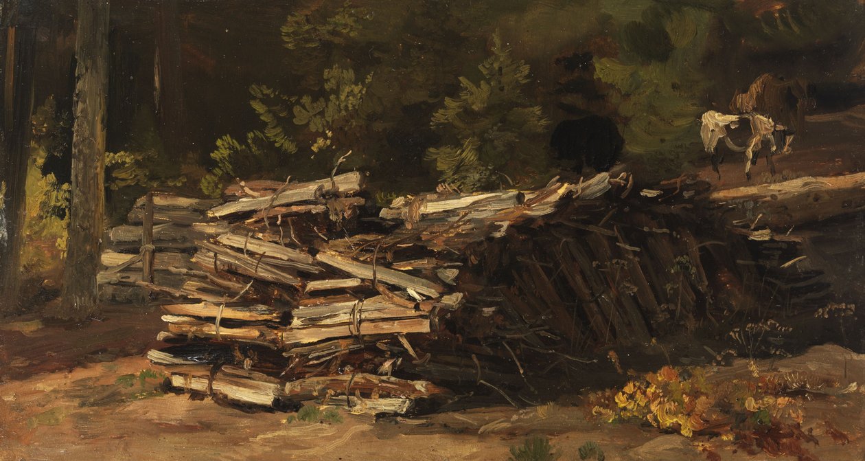 Saksa: Holzstoß am Waldrand Puupaalu metsän reunalla. tekijältä Christian Friedrich Gille