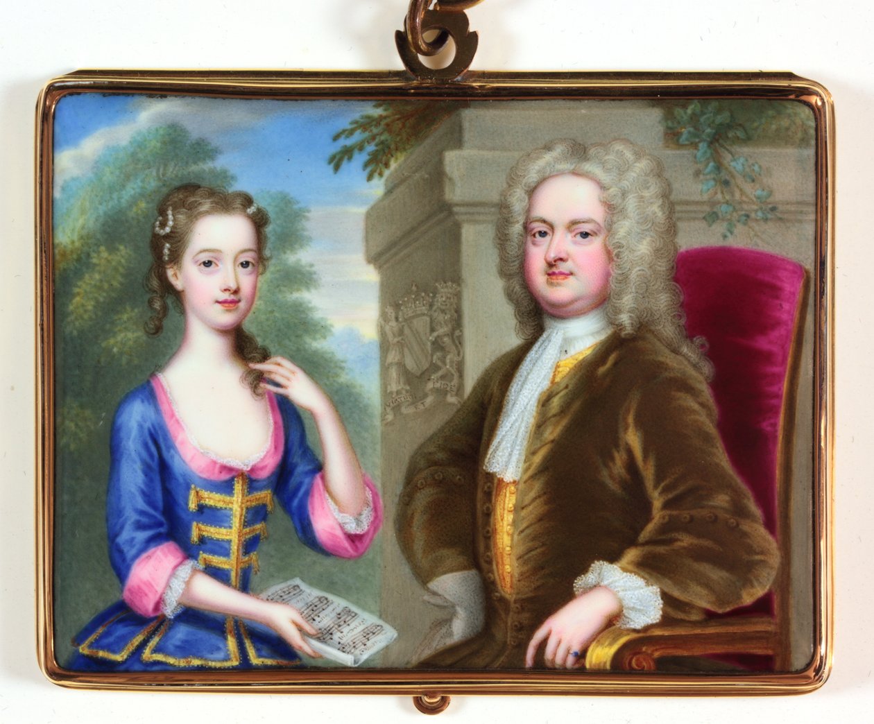Lady Margaret Cavendish Holles Harley ja hänen isänsä Edward Harley (emali) tekijältä Christian Friedrich Zincke