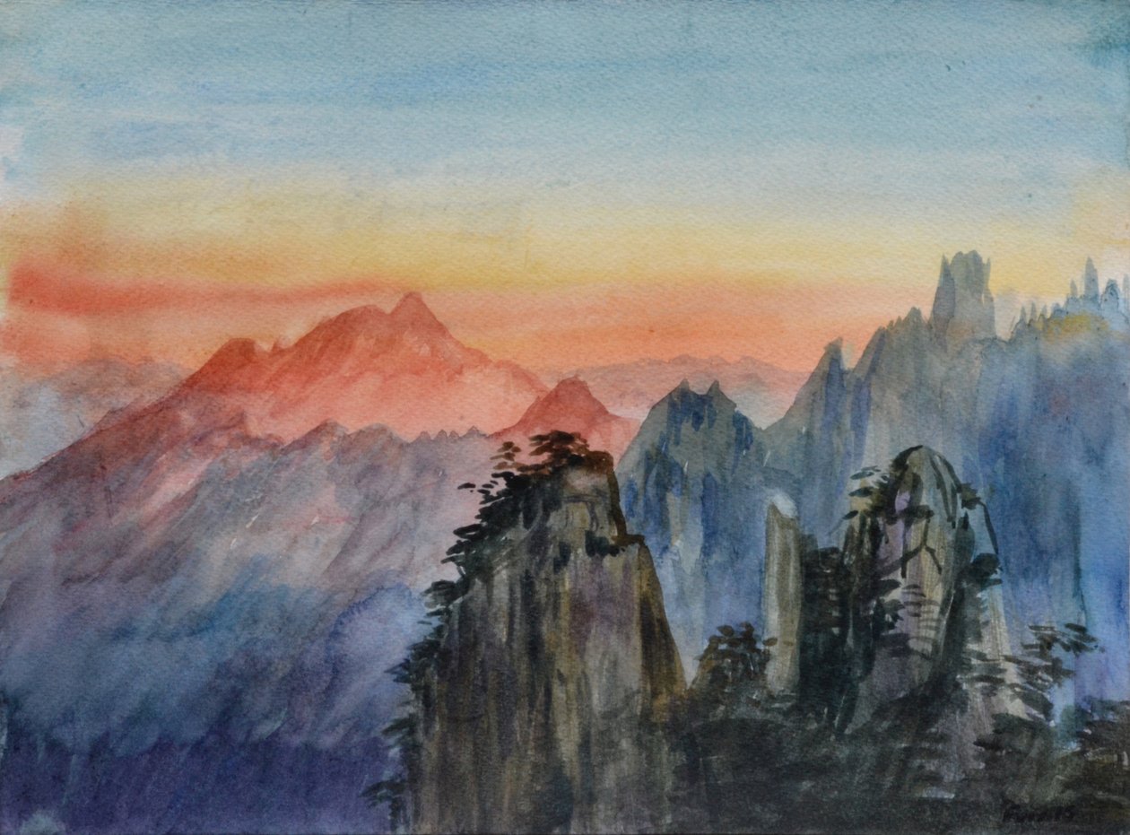 Buddhan valo - Auringonnousu Ruusuvuori, 2015 (vesiväri paperille) tekijältä Christian Furr