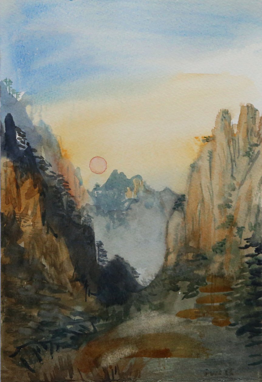 Vaaleanpunainen aurinko - keltaiset vuoret, 2015 (vesiväri paperille) tekijältä Christian Furr