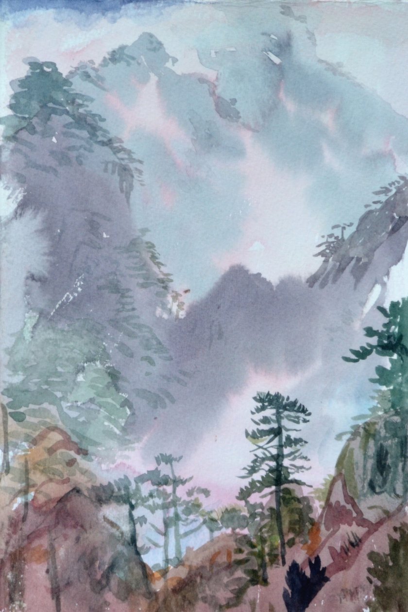 Ruusuvuoret, Shangri La, 2015 (vesiväri paperille) tekijältä Christian Furr