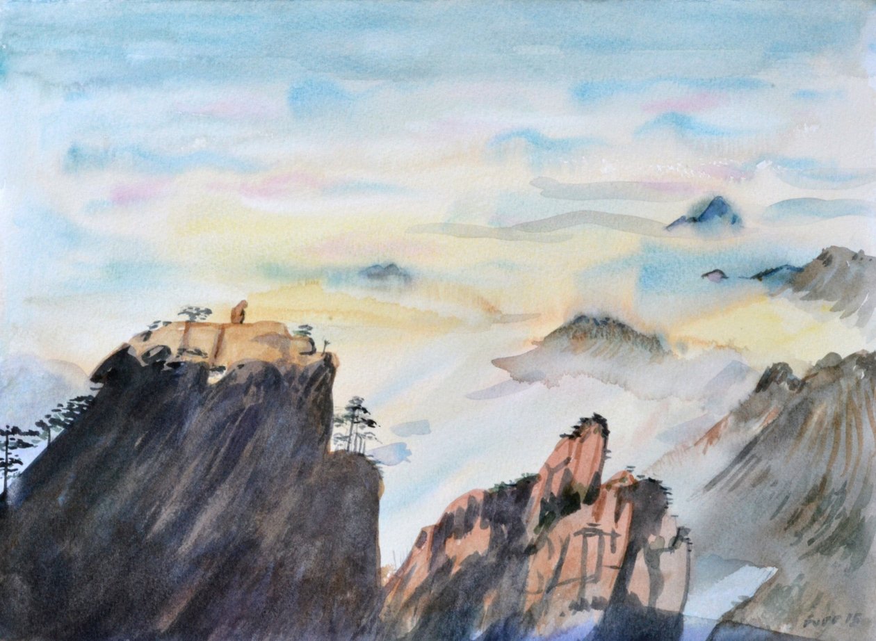 Stone Monkey Gazing Over a Sea of Clouds, 2015 (vesiväri paperille) tekijältä Christian Furr
