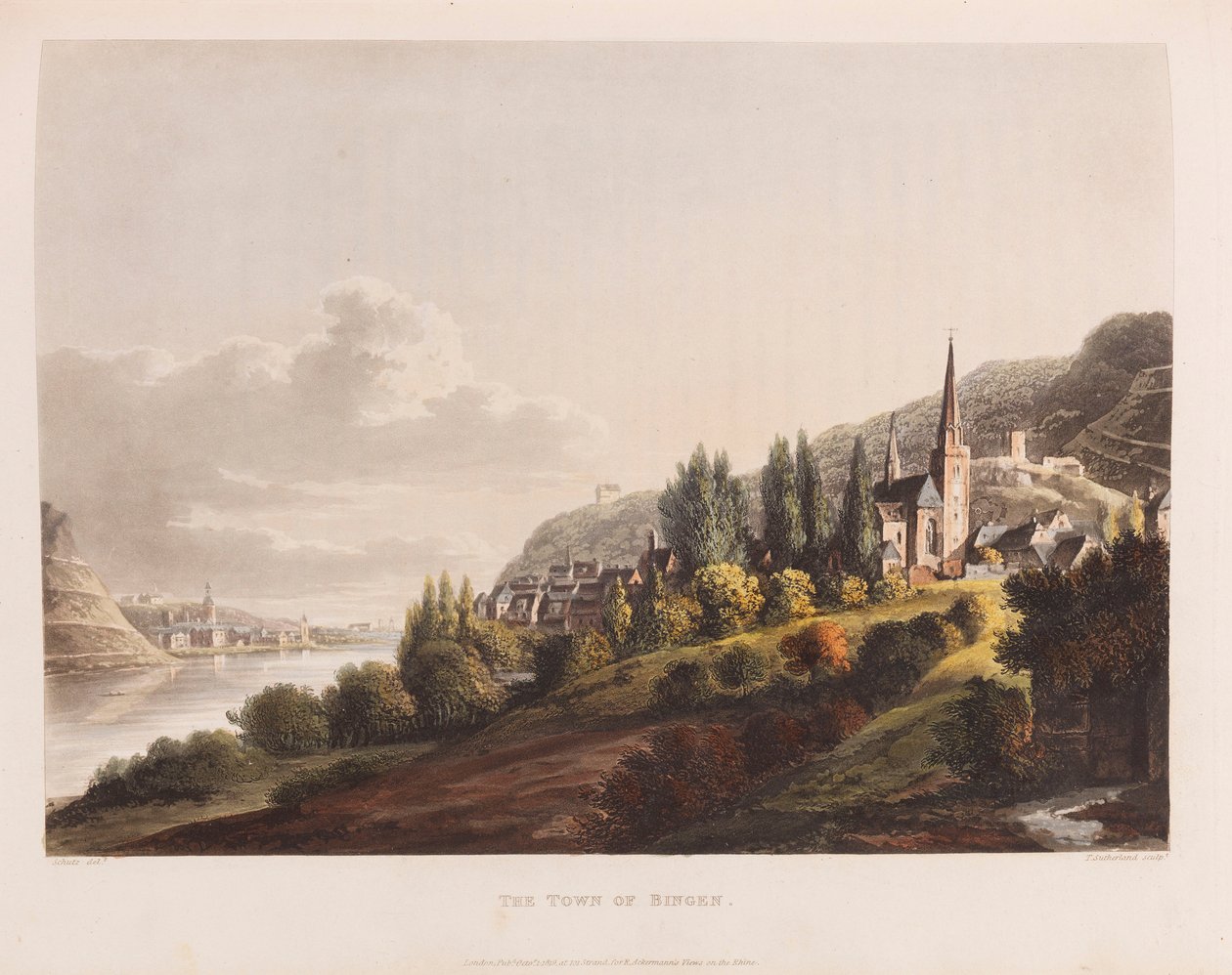 Bingen. Lähde: Kuvankaunis kierros Reiniä pitkin, 1820. tekijältä Christian Georg Schütz the Younger