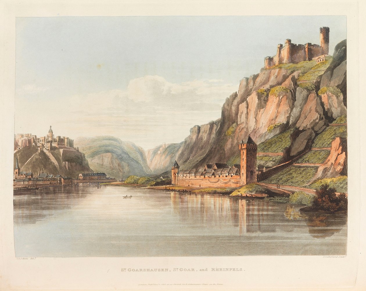 St. Goarshausen, St. Goar ja Rheinfels. Lähde: Kuvankaunis kierros Reiniä pitkin, 1820. tekijältä Christian Georg Schütz the Younger