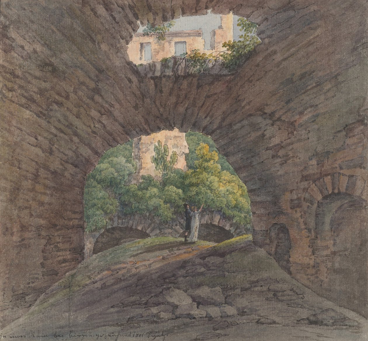 Nuori pari katselee raunioita lähellä Bingeniä, 1801. tekijältä Christian Georg Schutz