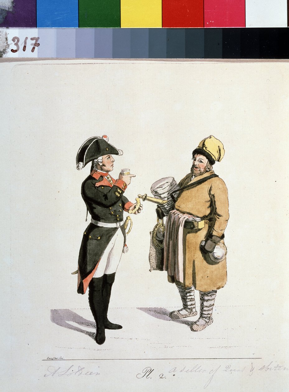 Sarja Moskovan kauppiaista: sbitenin myyjä. Sbiten myyjä (sarjasta The Moscow Merchants). Piirustus Christian Gottfried Heinrich Geissler (1770-1844) tekijältä Christian Gottfried Geissler