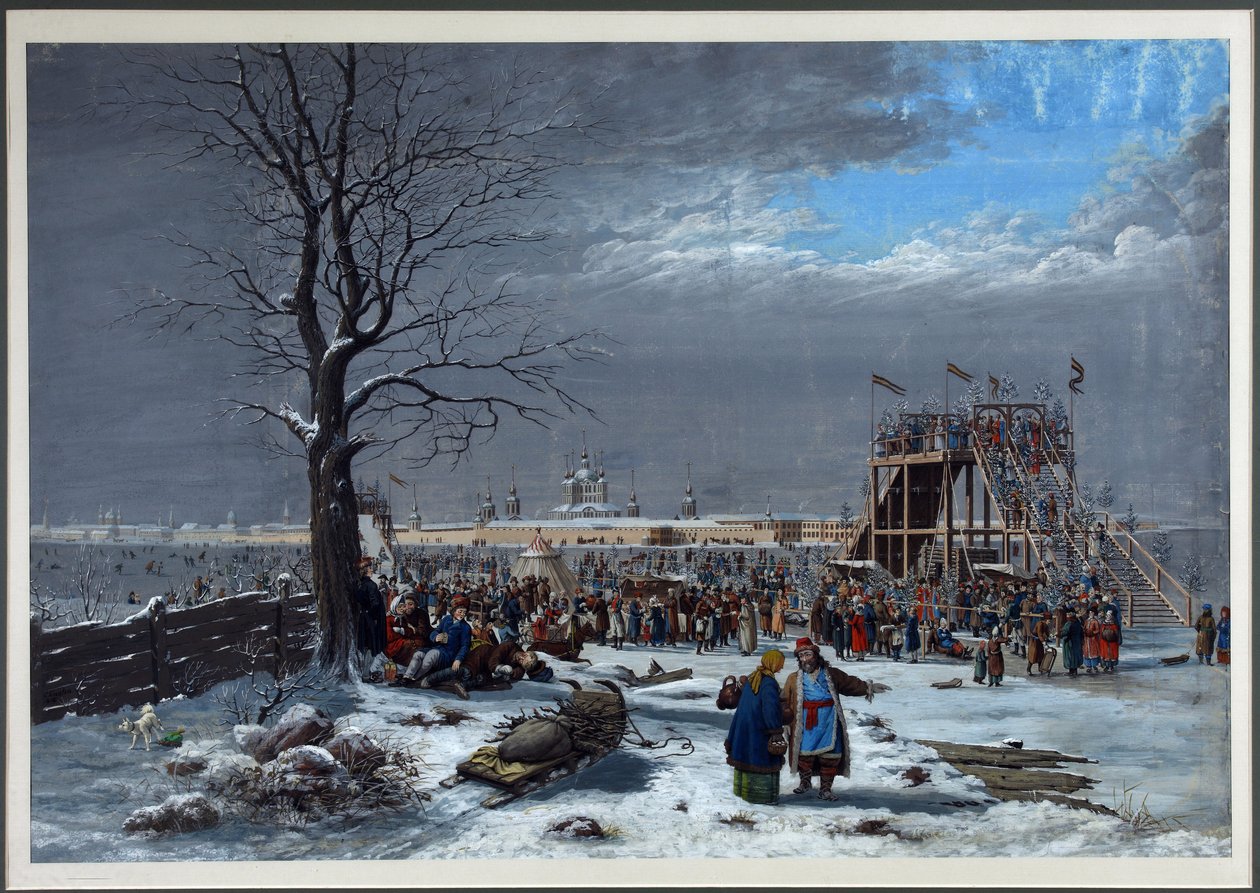 Vuoristorata Neva-joella lähellä Smolnyn luostaria Pietarissa - Christian Gottfried Heinrich Geissler (1770-1844). Kuparikaiverrus, akvarelli tekijältä Christian Gottfried Geissler